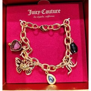 New Juicy Couture Goldtone Charm Bracelet 5 Charms Logo Y2K